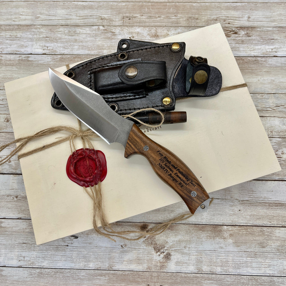 Tactical Knife with N690 Bohler Steel Walnut Handle and Leather Sheath Professional Knife with Laser Engraving Handle