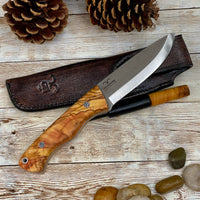 
              Camping Knife With Walnut Wood Handle N690 Bohler Steel Blade Mosaic Pins Leather Sheath with Magnesium Fire Starter
            