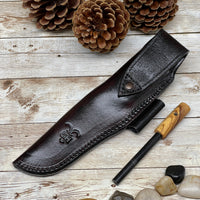 Hunting Knife Camping Knife with Olive Wood Handle and Leather Sheath