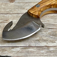 
              Skinner Knife with Gut Hook Olive Handle and Leather Sheath Bohler N690 Knife
            