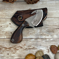 
              Skinner Knife with Gut Hook Walnut Handle and Leather Sheath Bohler N690 Knife
            