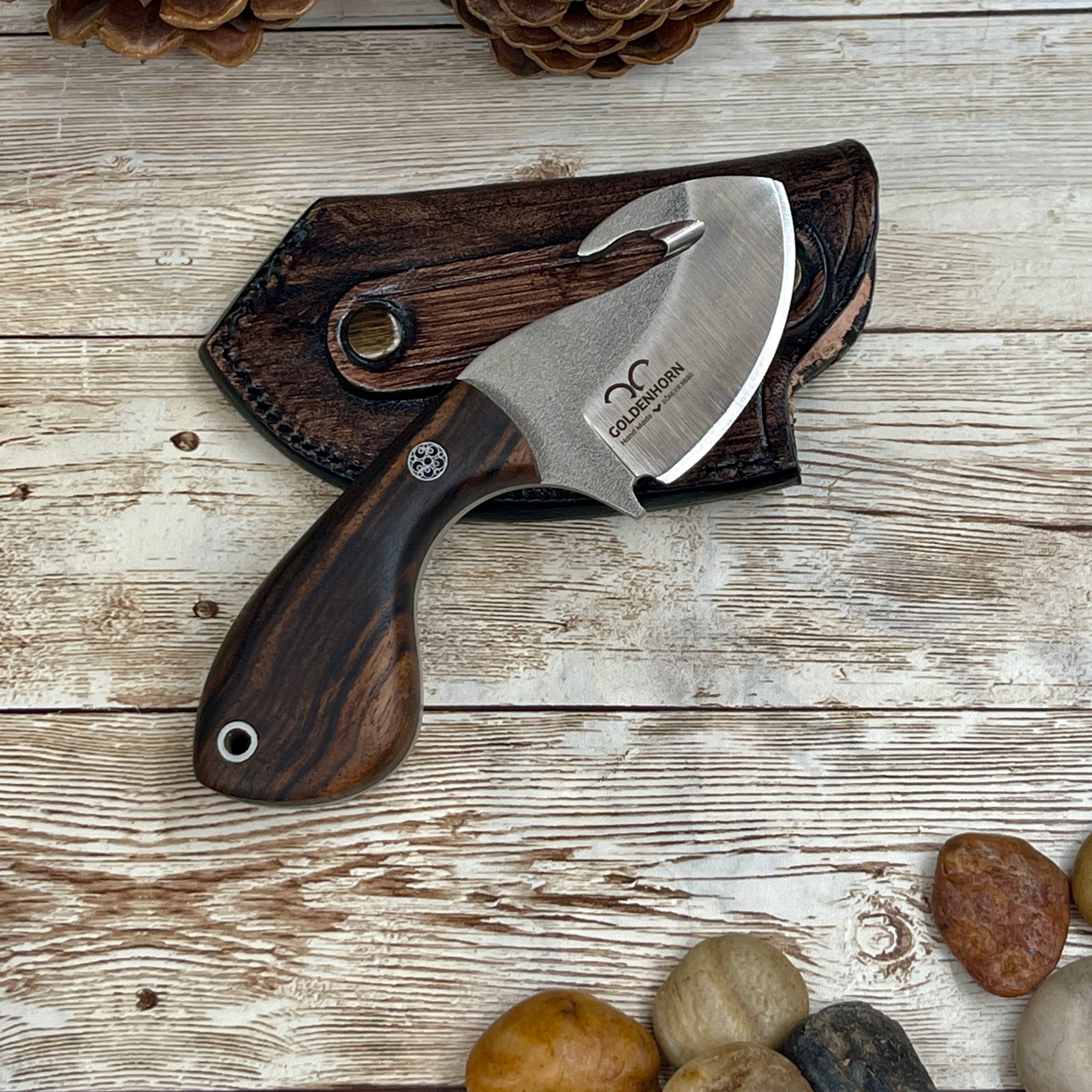 Skinner Knife with Gut Hook Walnut Handle and Leather Sheath