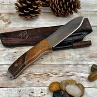 
              Hunting Knife, Leather Sheath, Walnut Wood Handle Bohler N690 Steel
            
