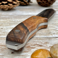 Hunting Knife, Leather Sheath, Walnut Wood Handle Bohler N690 Steel