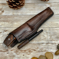 
              Hunting Knife, Leather Sheath, Walnut Wood Handle Bohler N690 Steel
            