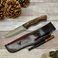 Full Tang Scandi Bohler N690 Steel Bushcraft Knife with Walnut Wood Handle and Leather Sheath Opt. Magnesium Fire Starter Camping Knife