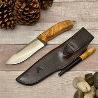 Bohler N690 Camping Knife with Personalized Wood Handle and Leather Sheath for Birthday Gift for Him Olive Handle Hunting Knife