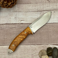
              Bohler N690 Camping Knife with Personalized Wood Handle and Leather Sheath for Birthday Gift for Him Olive Handle Hunting Knife
            