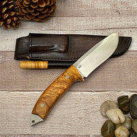 Bohler N690 Camping Knife with Personalized Wood Handle and Leather Sheath for Birthday Gift for Him Olive Handle Hunting Knife