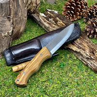N690 Steel Scandi Camping Knife Professional Fuji Hunting Knife Leather Sheath Bushcraft Knife Skinner Knife Olive Tree Handle