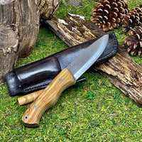 N690 Steel Scandi Camping Knife Professional Fuji Hunting Knife Leather Sheath Bushcraft Knife Skinner Knife Olive Tree Handle