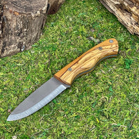 N690 Steel Scandi Camping Knife Professional Fuji Hunting Knife Leather Sheath Bushcraft Knife Skinner Knife Olive Tree Handle