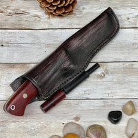 
              Bushcraft Knife with Padouk Wood Handle Full Tang Scandi Bohler N690 Steel and Leather Sheath + Magnesium Fire Starter, Camping Knife
            