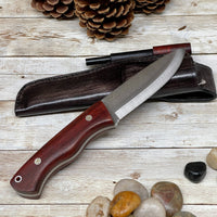 Bushcraft Knife with Padouk Wood Handle Full Tang Scandi Bohler N690 Steel and Leather Sheath + Magnesium Fire Starter, Camping Knife