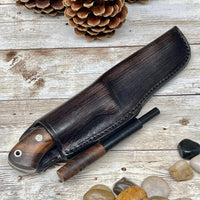 Full Tang Scandi Bohler N690 Steel Bushcraft Knife with Walnut Wood Handle and Leather Sheath Opt. Magnesium Fire Starter Camping Knife