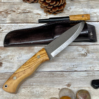 
              Full Tang Scandi Bohler N690 Steel Bushcraft Knife with Olive Wood Handle and Leather Sheath  Magnesium Fire Starter Camping Knife
            