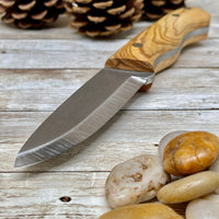 Full Tang Scandi Bohler N690 Steel Bushcraft Knife with Olive Wood Handle and Leather Sheath  Magnesium Fire Starter Camping Knife
