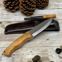 Bushcraft Knife with Olive Wood Handle and Leather Sheath  1/6 inch Bohler N690 Blade + Magnesium Fire Starter