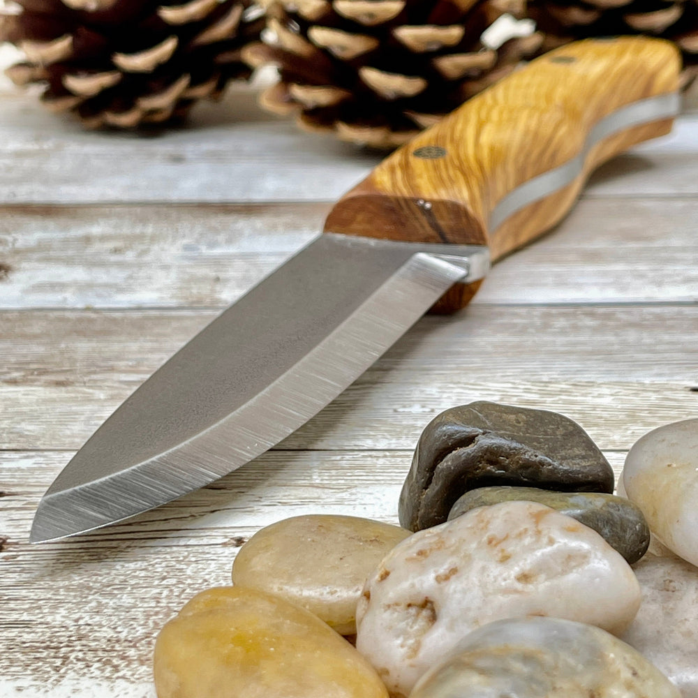 Bushcraft Knife with Olive Wood Handle and Leather Sheath  1/6 inch Bohler N690 Blade + Magnesium Fire Starter