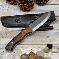 Camping Knife With Walnut Wood Handle N690 Bohler Steel Blade Mosaic Pins Leather Sheath with Magnesium Fire Starter