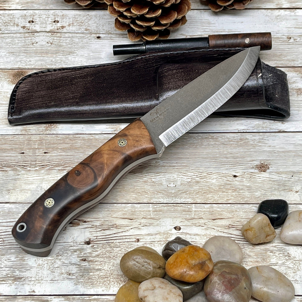 Bohler N690 Camping Knife, Hunting Knife, Leather Sheath, Bushcraft Knife, Skinner Knife, Magnesium Fire Starter, Walnut Handle