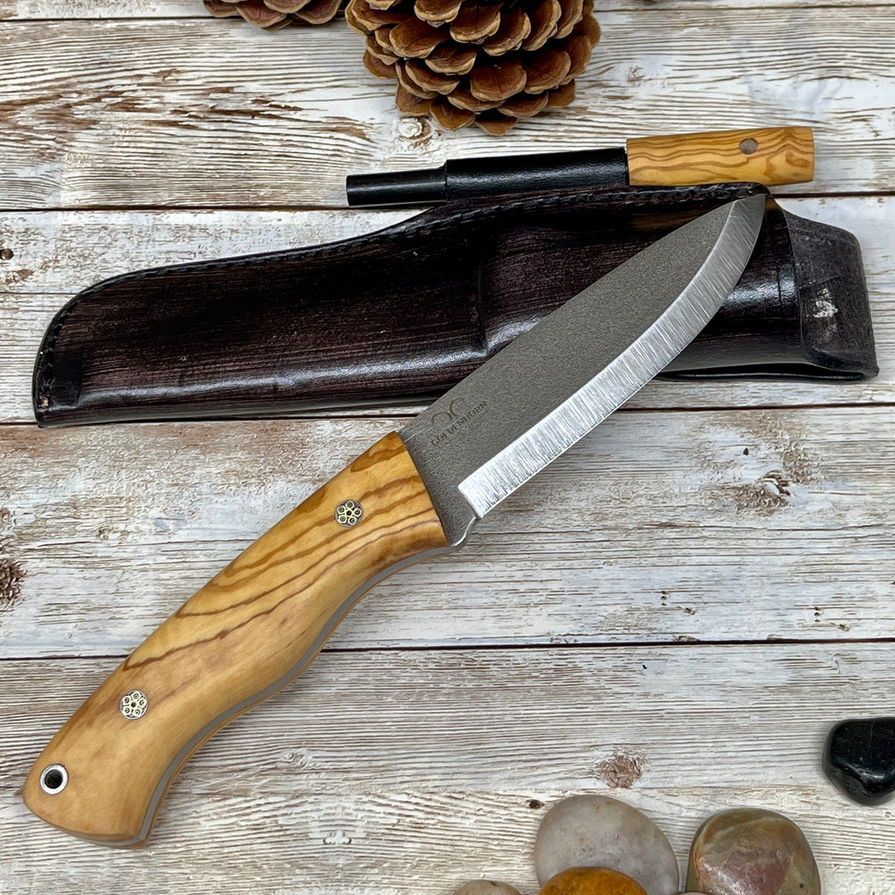 Camping Knife with Olive Wood Handle, 1/4 inch N 690 Steel and Leather Sheath, Drop Point N690 Steel Blade, Unique Root of Olive Tree Handle