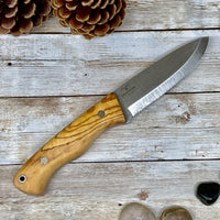 Camping Knife with Olive Wood Handle, 1/4 inch N 690 Steel and Leather Sheath, Drop Point N690 Steel Blade, Unique Root of Olive Tree Handle