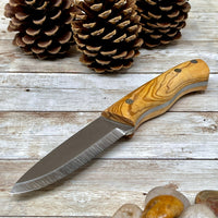 Camping Knife with Olive Wood Handle, 1/4 inch N 690 Steel and Leather Sheath, Drop Point N690 Steel Blade, Unique Root of Olive Tree Handle