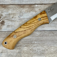 Camping Knife with Olive Wood Handle, 1/4 inch N 690 Steel and Leather Sheath, Drop Point N690 Steel Blade, Unique Root of Olive Tree Handle