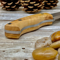 Camping Knife with Olive Wood Handle, 1/4 inch N 690 Steel and Leather Sheath, Drop Point N690 Steel Blade, Unique Root of Olive Tree Handle