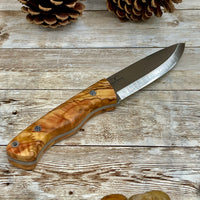 Camping Knife with Customized Wood Handle and Leather Sheath for Anniversary Gift for Him, Olive Handle N690 Blade
