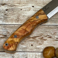 Camping Knife with Customized Wood Handle and Leather Sheath for Anniversary Gift for Him, Olive Handle N690 Blade