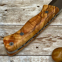 Camping Knife with Customized Wood Handle and Leather Sheath for Anniversary Gift for Him, Olive Handle N690 Blade