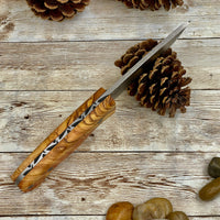 Camping Knife with Customized Wood Handle and Leather Sheath for Anniversary Gift for Him, Olive Handle N690 Blade