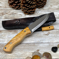 Bohler N690 Scandi Camping Knife, Hunting Knife, Leather Sheath, Bushcraft Knife, Skinner Knife, Magnesium Fire Starter, Olive Handle