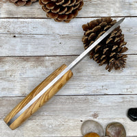 Camping Knife with Olive Wood Handle, 1/4 inch N 690 Steel and Leather Sheath, Drop Point N690 Steel Blade, Unique Root of Olive Tree Handle