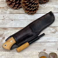 
              Camping Knife with Olive Wood Handle, 1/4 inch N 690 Steel and Leather Sheath, Drop Point N690 Steel Blade, Unique Root of Olive Tree Handle
            