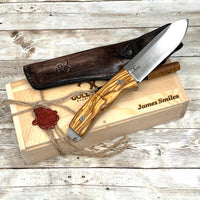 Hunting Knife Leather Sheath Bushcraft Knife Skinner Knife OLIVE Wood Handle Bohler N690 Camping Knife Groomsmen Gift