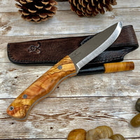 
              Bushcraft Knife, Camping Knife with Customized Wood Handle and Leather Sheath for Anniversary Gift for Him, Olive Handle Bohler N690 Knife
            