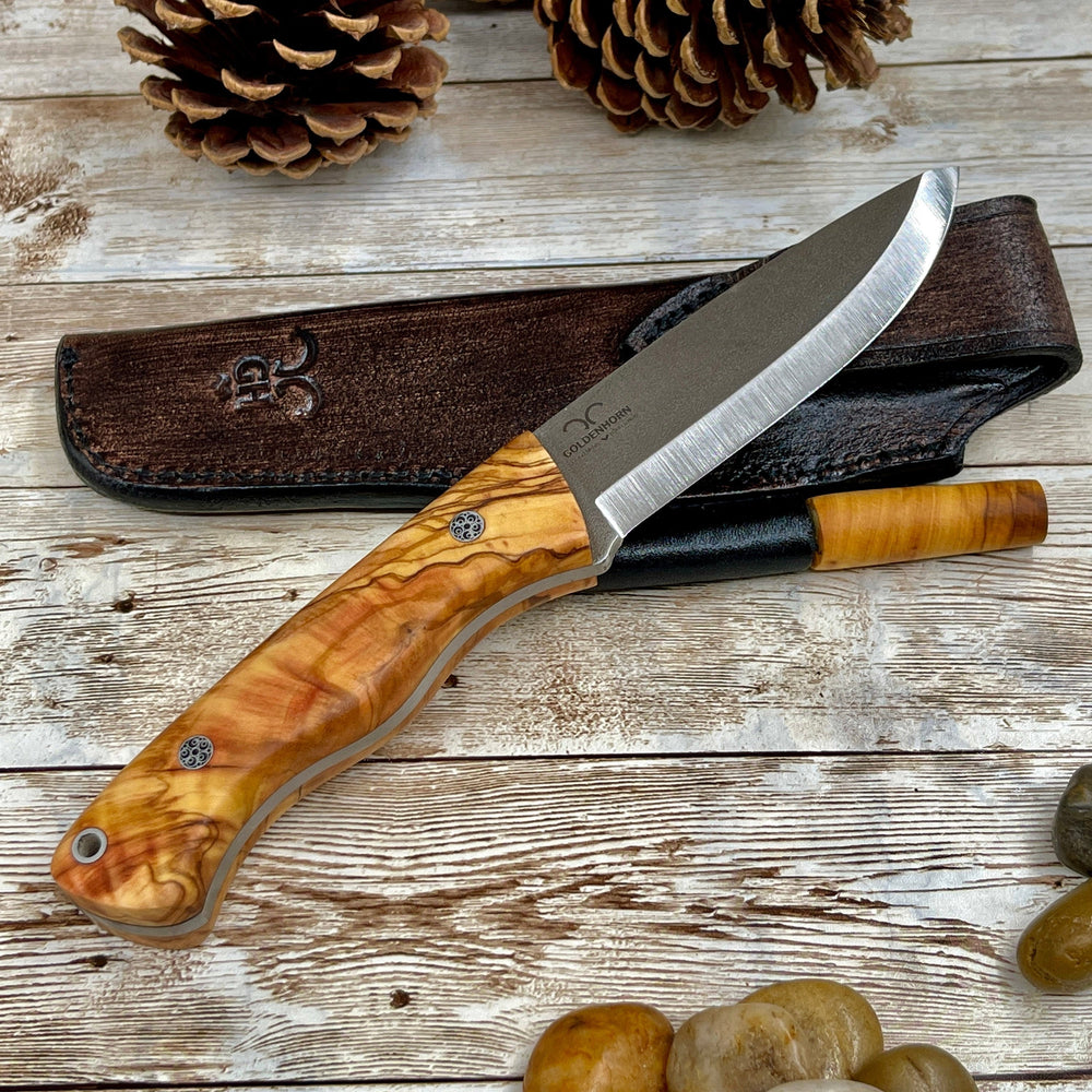 Bushcraft Knife, Camping Knife with Customized Wood Handle and Leather Sheath for Anniversary Gift for Him, Olive Handle Bohler N690 Knife