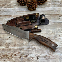 Tactical Knife with N690 Bohler Steel Walnut Handle and Leather Sheath Professional Knife with Laser Engraving Handle