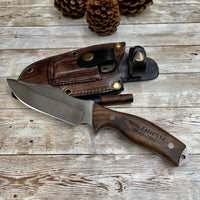 Tactical Knife with N690 Bohler Steel Walnut Handle and 1/8 inches Leather Sheath Professional Knife with Opt Laser Engraving Handle