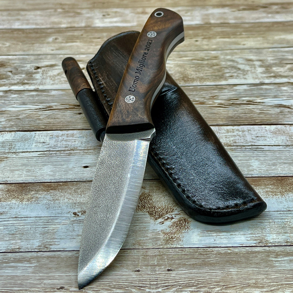 Bohler N690 Camping Knife, Hunting Knife, Leather Sheath, Bushcraft Knife, Skinner Knife, Magnesium Fire Starter, Walnut Handle