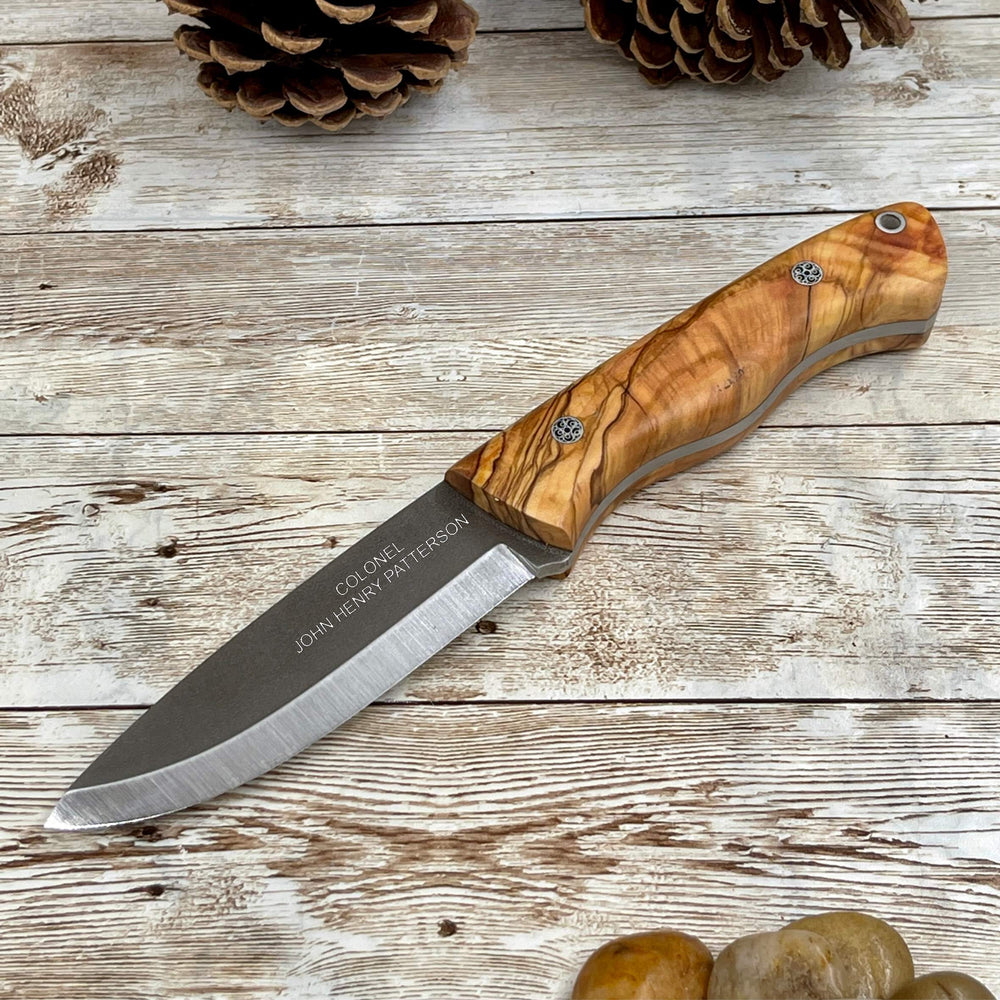 Bushcraft Knife, Camping Knife with Customized Wood Handle and Leather Sheath for Anniversary Gift for Him, Olive Handle Bohler N690 Knife